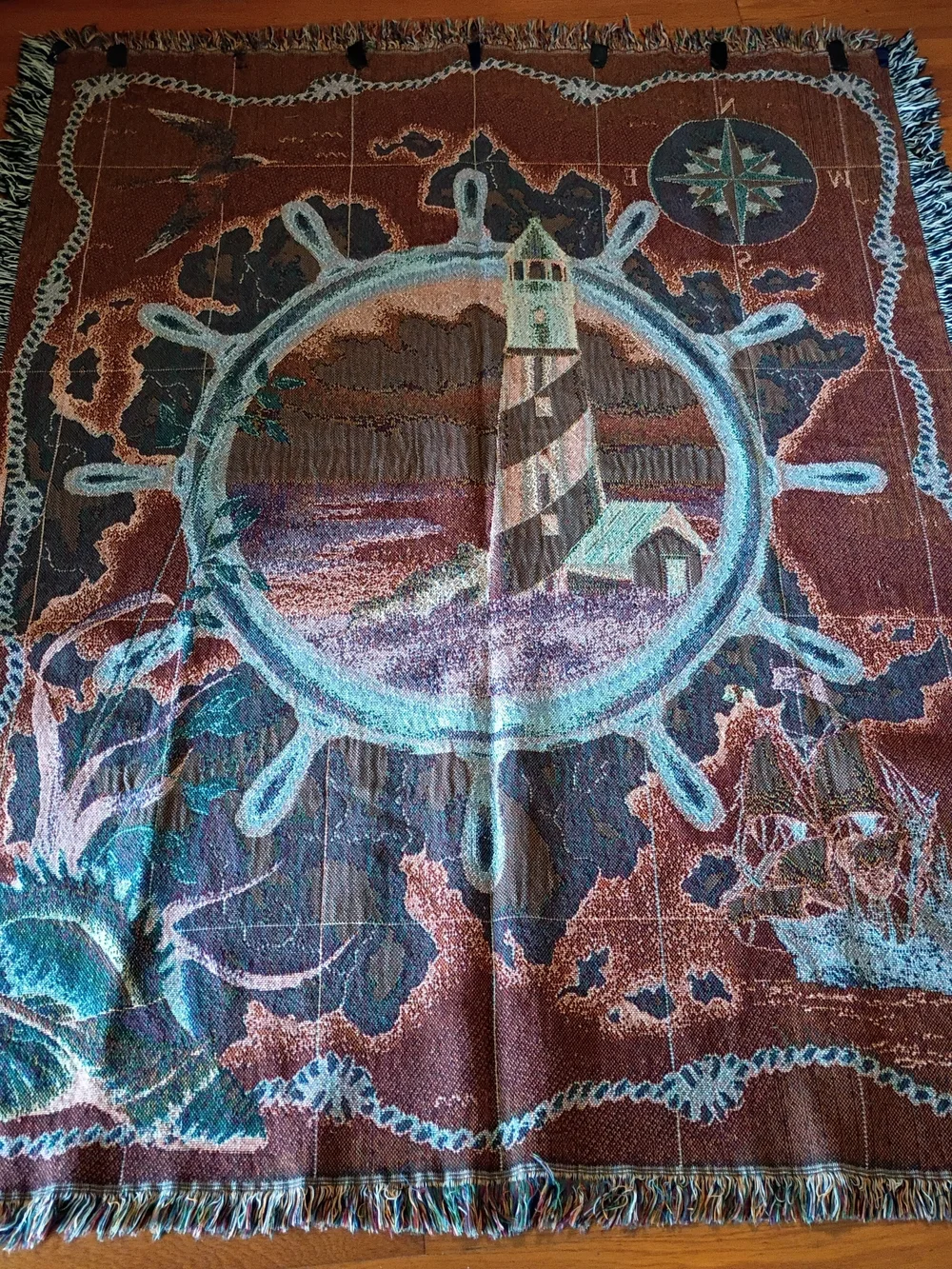 Nautical Lighthouse Woven Tapestry Throw Blanket Vintage 90s Coastal 66